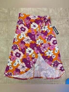 ModCloth Orange Floral Tie-Waist Wrap Skirt with Pink & White Blooms size small